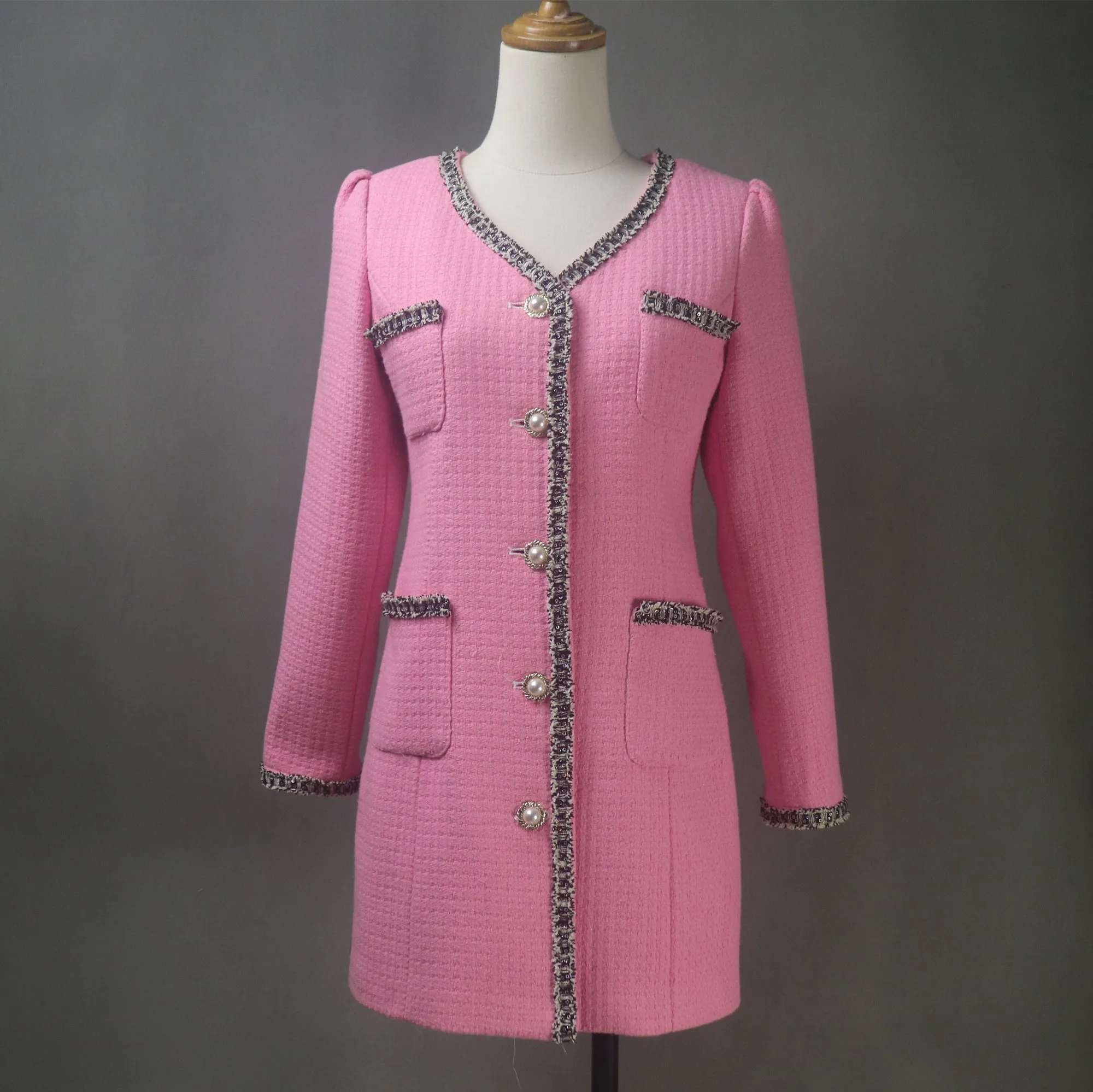 Pink Tweed Custom Made Long Coat with Puff Sleeves