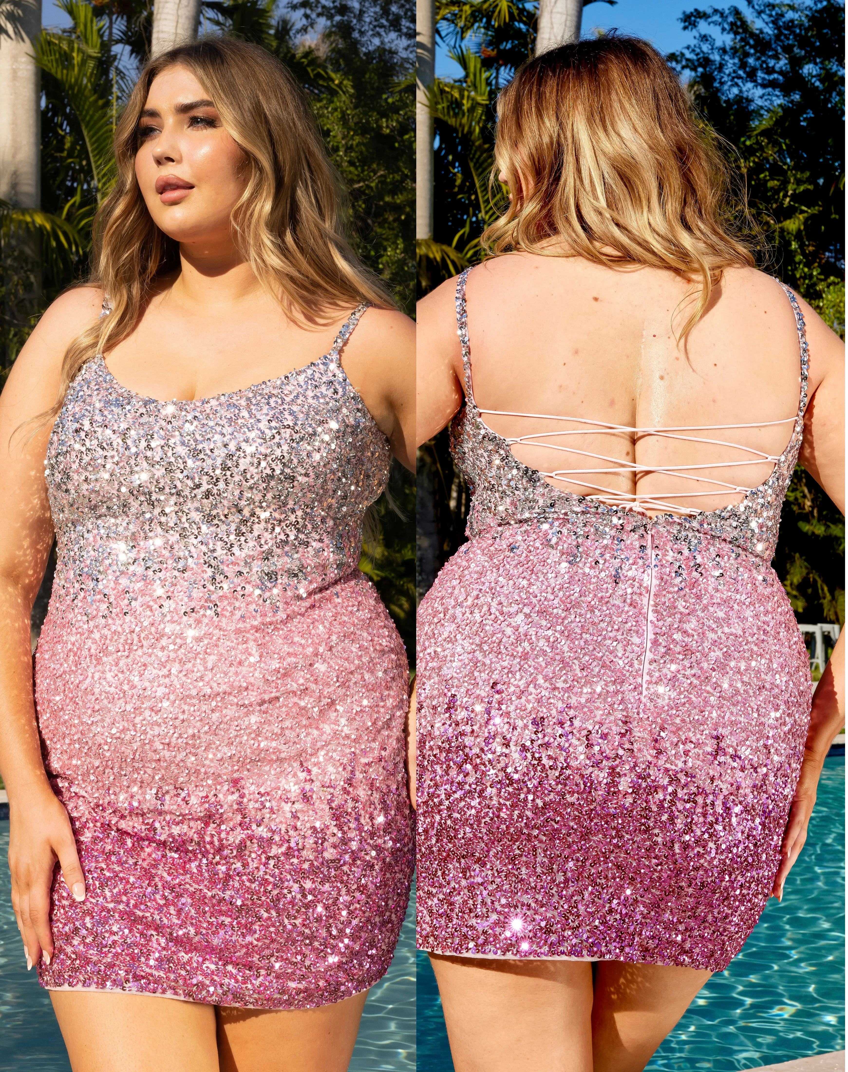 Primavera Couture 14025 Curvy Cocktail Dress Ombre Sequin Embellished Spaghetti Strap Open Tie Back Curvy Short Homecoming Cocktail Dress