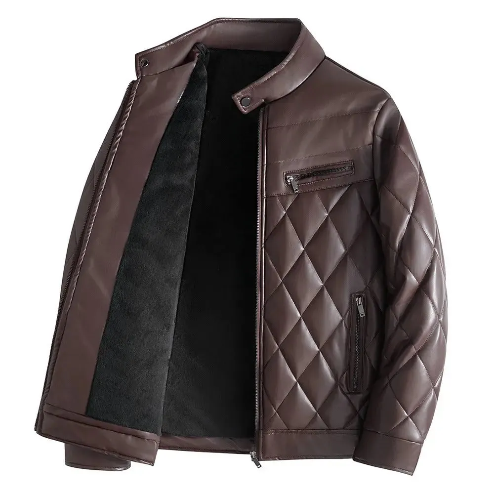 PU leather cotton jacket for men in winter with added velvet and thick leather cotton jacket, Korean version youth motorcycle