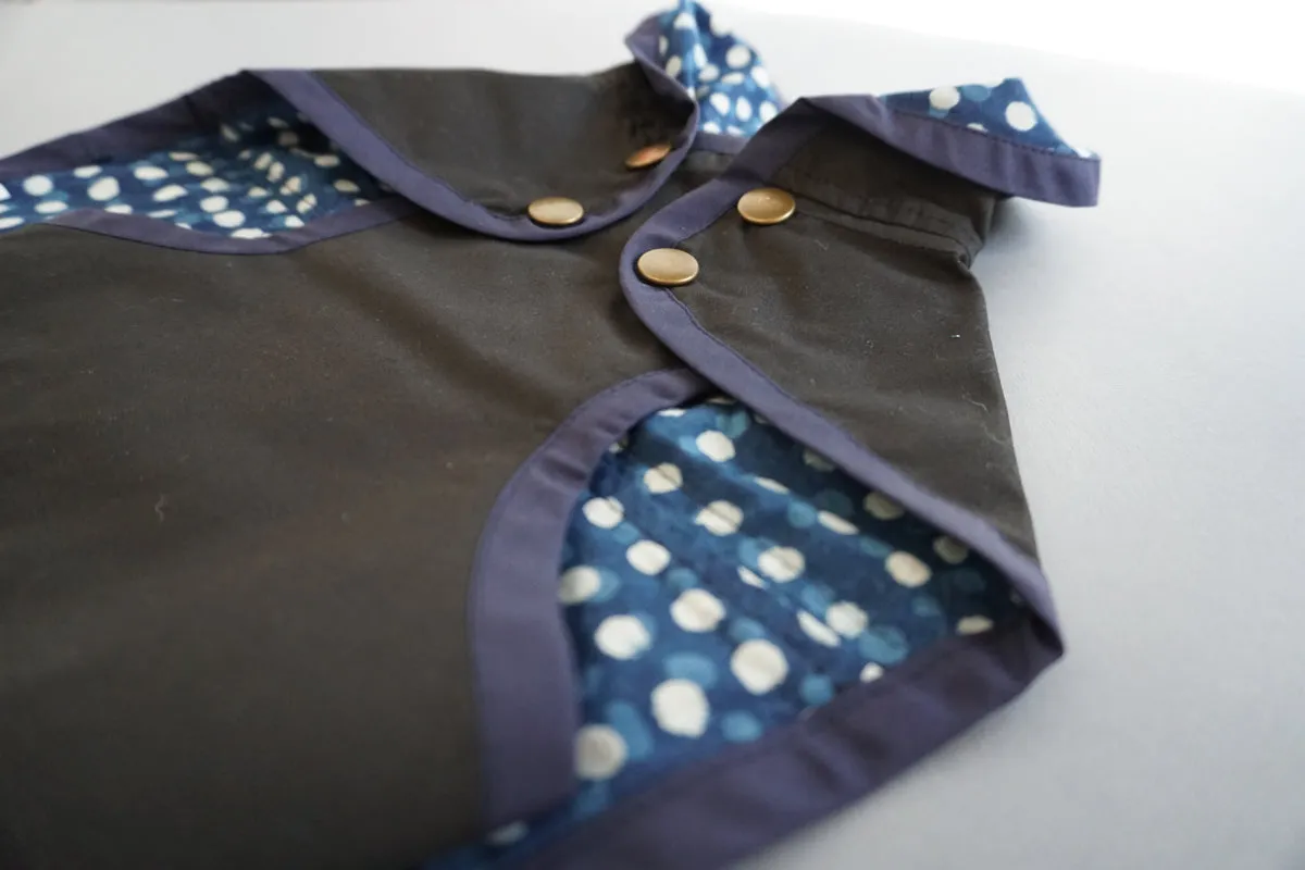 Rain Jacket: Black/Indigo Block Printed with Running Spots