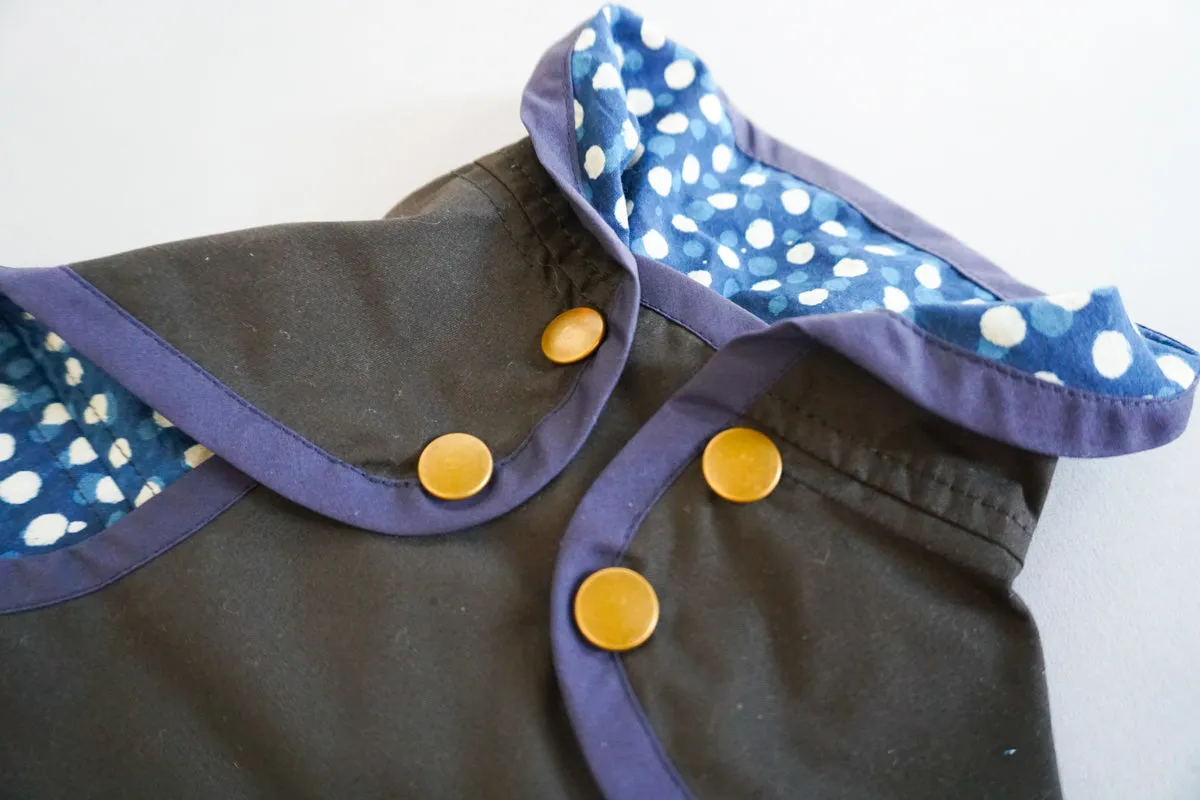 Rain Jacket: Black/Indigo Block Printed with Running Spots