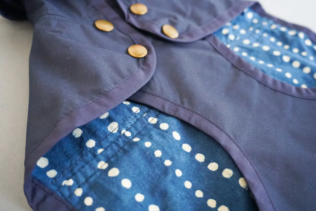 Rain Jacket: Navy/Indigo Block Printed with Running Spots