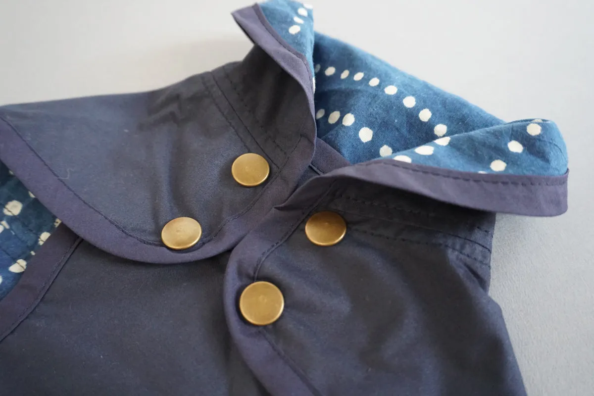 Rain Jacket: Navy/Indigo Block Printed with Running Spots