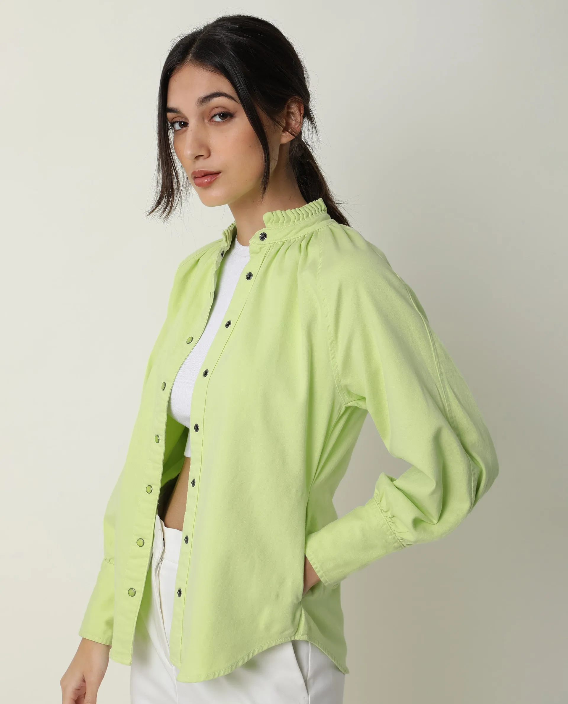 Rareism Women Bellona Green Cotton Fabric Full Sleeves Solid Ruffled Neck Jacket