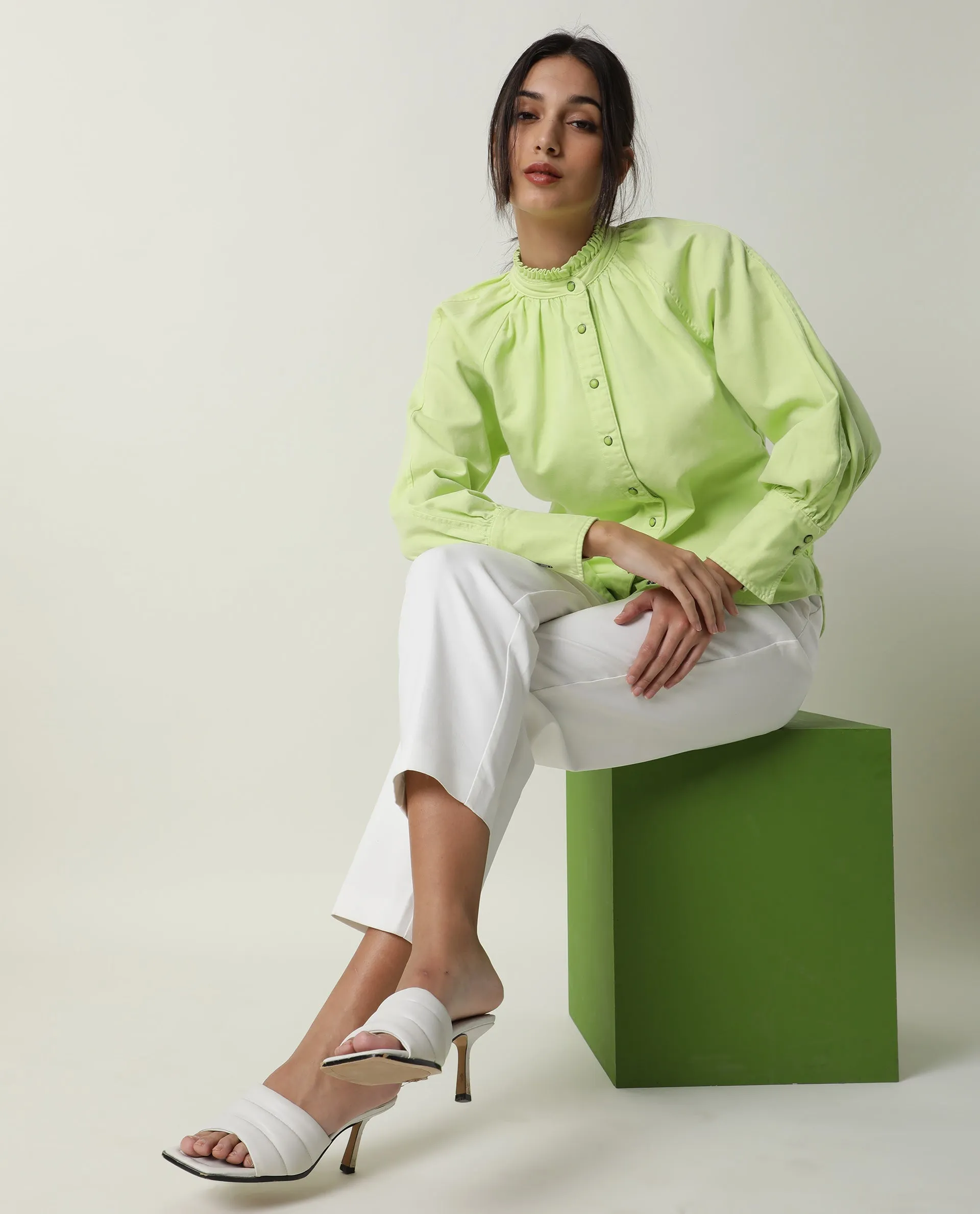 Rareism Women Bellona Green Cotton Fabric Full Sleeves Solid Ruffled Neck Jacket