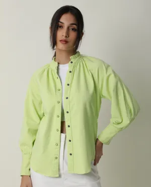 Rareism Women Bellona Green Cotton Fabric Full Sleeves Solid Ruffled Neck Jacket