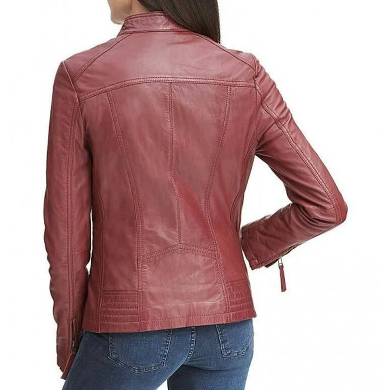 Red Casual Leather Jacket Women