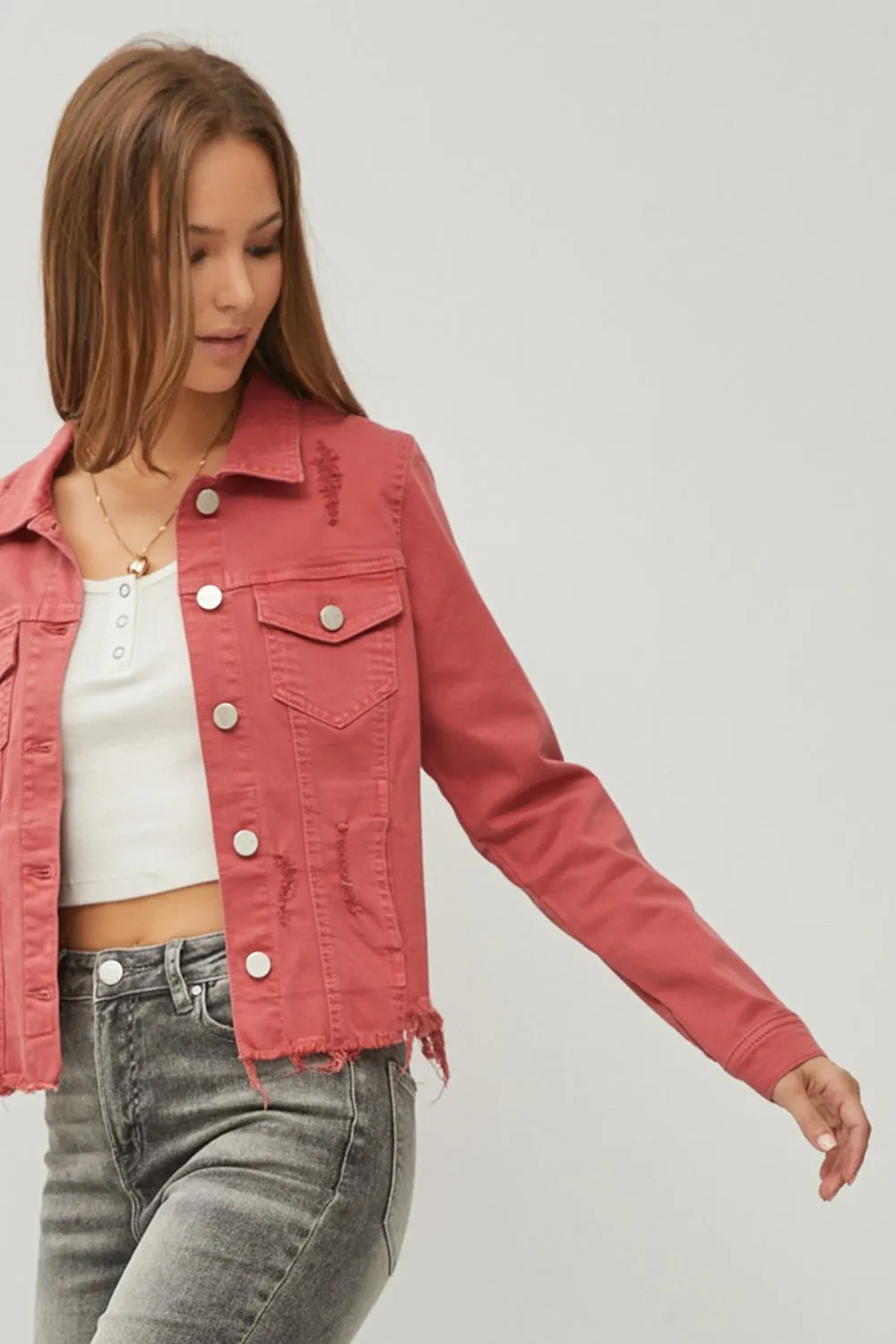 RISEN Raw Hem Button Up Cropped Denim Jacket