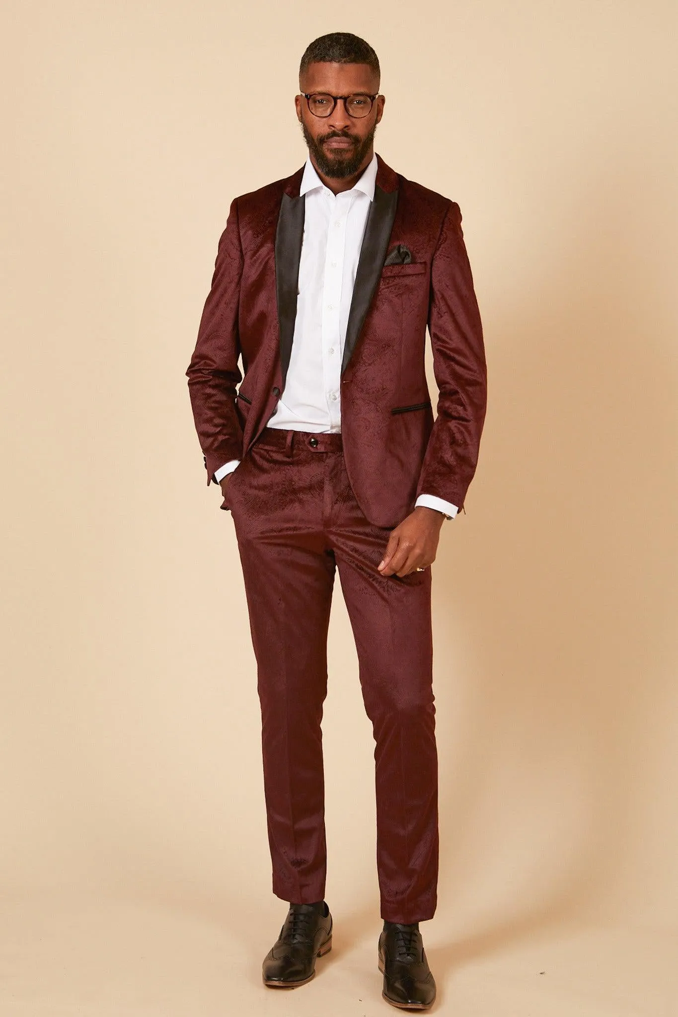 SIMON - Velvet Wine Tux Lapel Jacquard Blazer