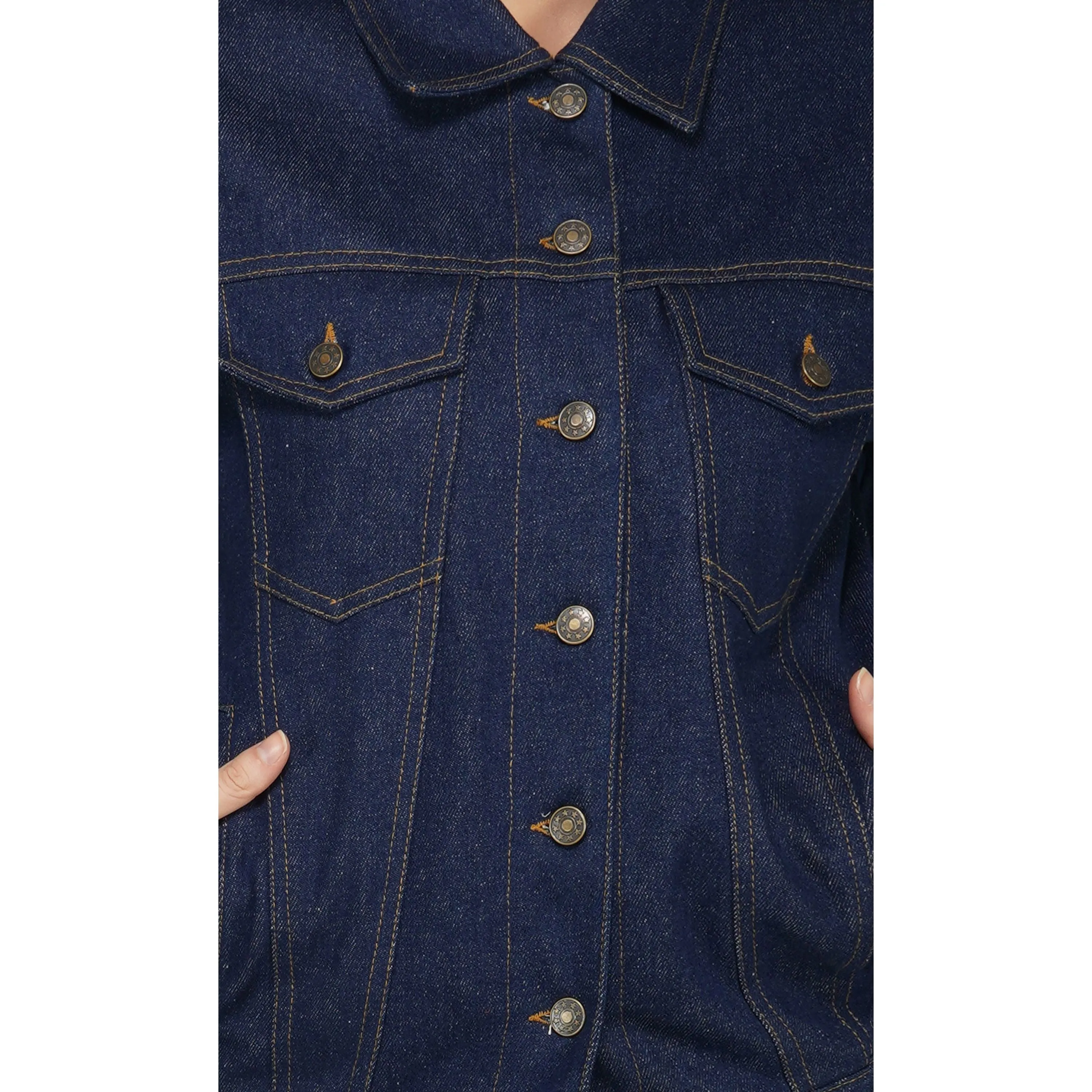 SLAY. Women's Embroidered Navy Blue Denim Jacket