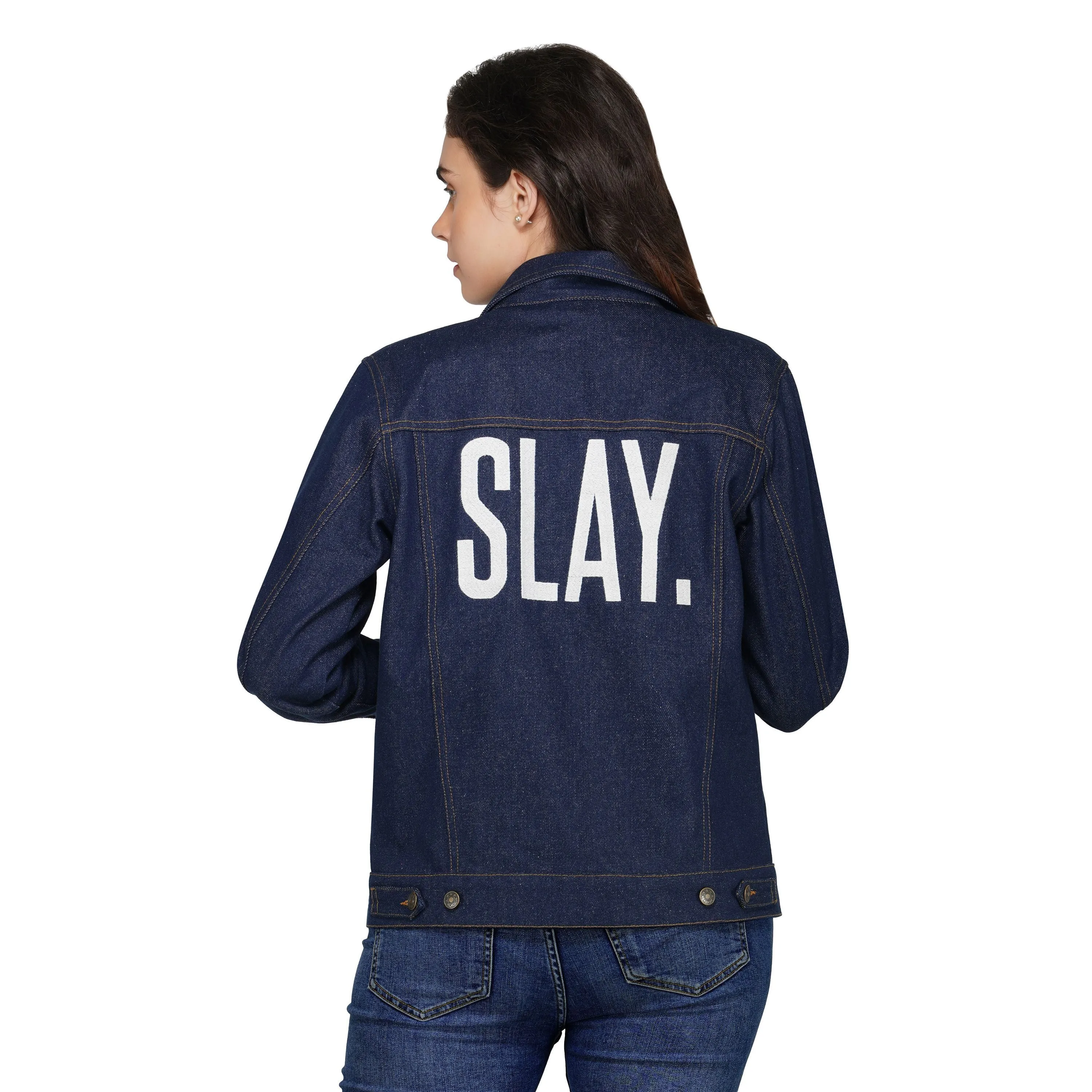 SLAY. Women's Embroidered Navy Blue Denim Jacket