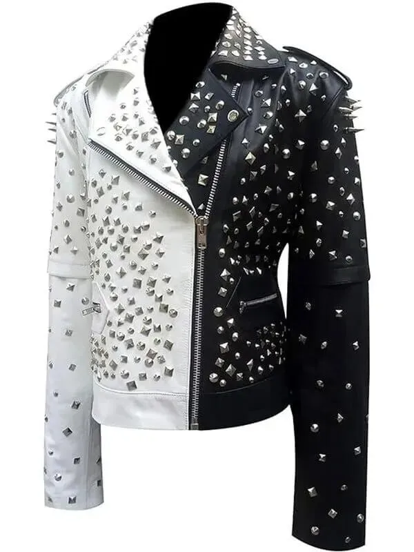 Women's Black and Silver Spiked Studded Biker Leather Jacket