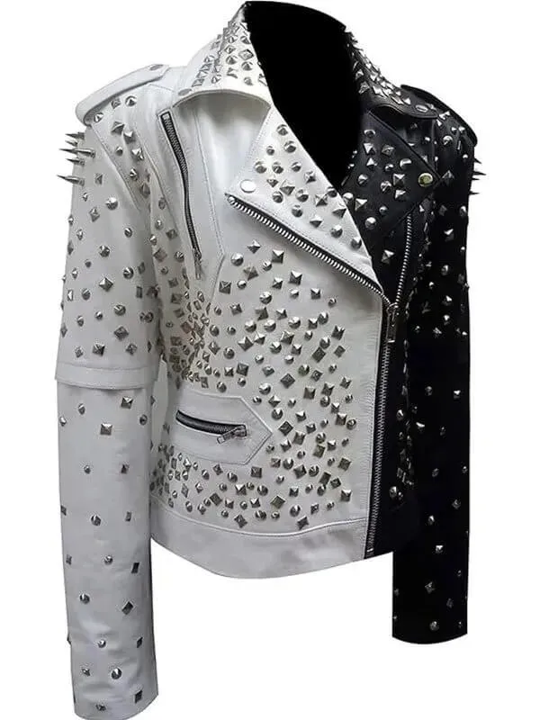 Women's Black and Silver Spiked Studded Biker Leather Jacket