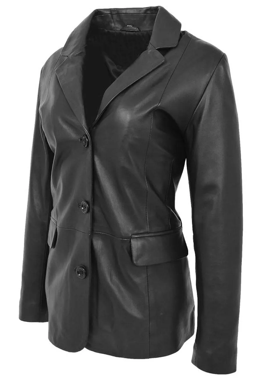 Women's Classic Black Sheepskin Leather Blazer