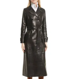 Women's Full Length Double Breasted Leather Trench Coat TC18