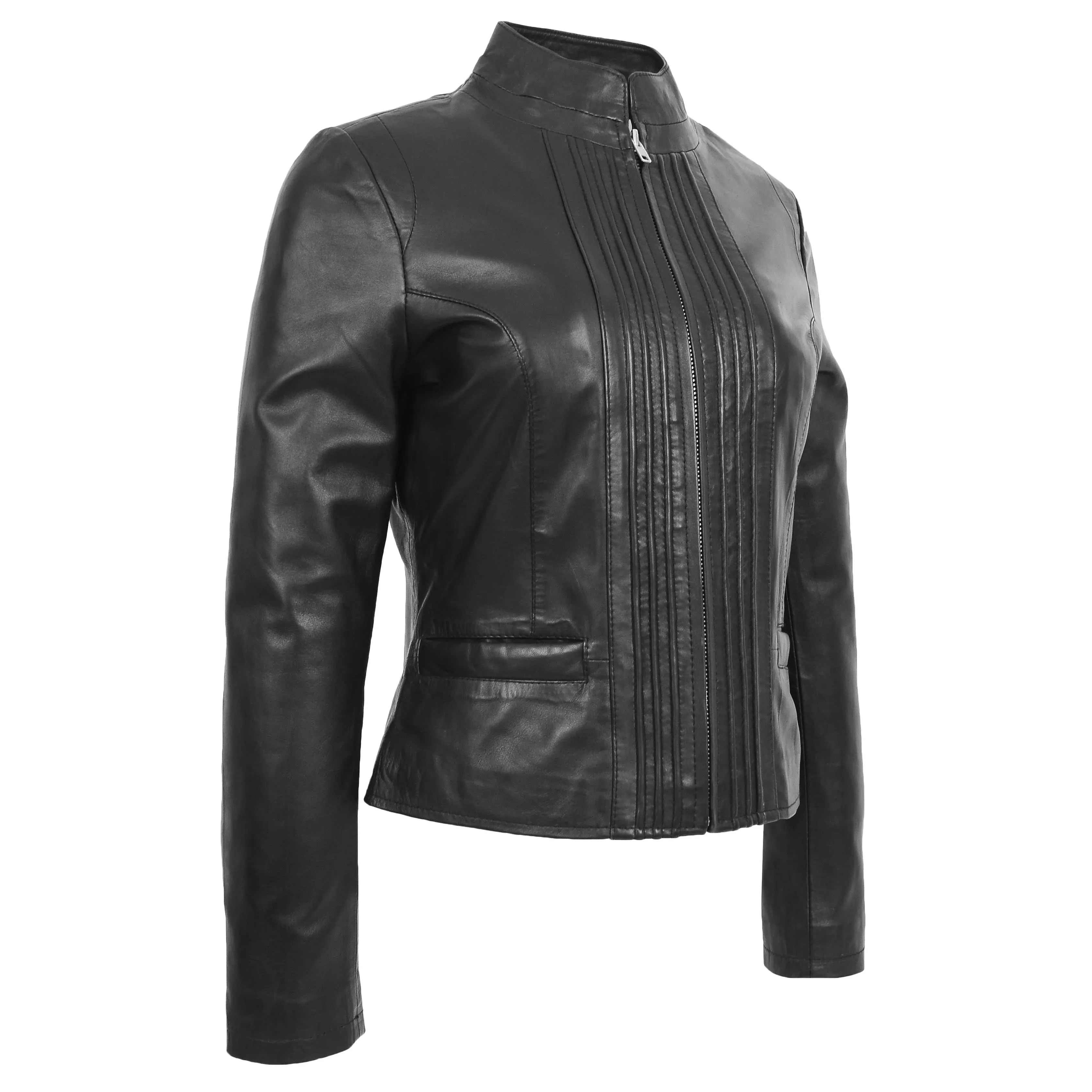 Womens Leather Casual Standing Collar Jacket Ivy Black