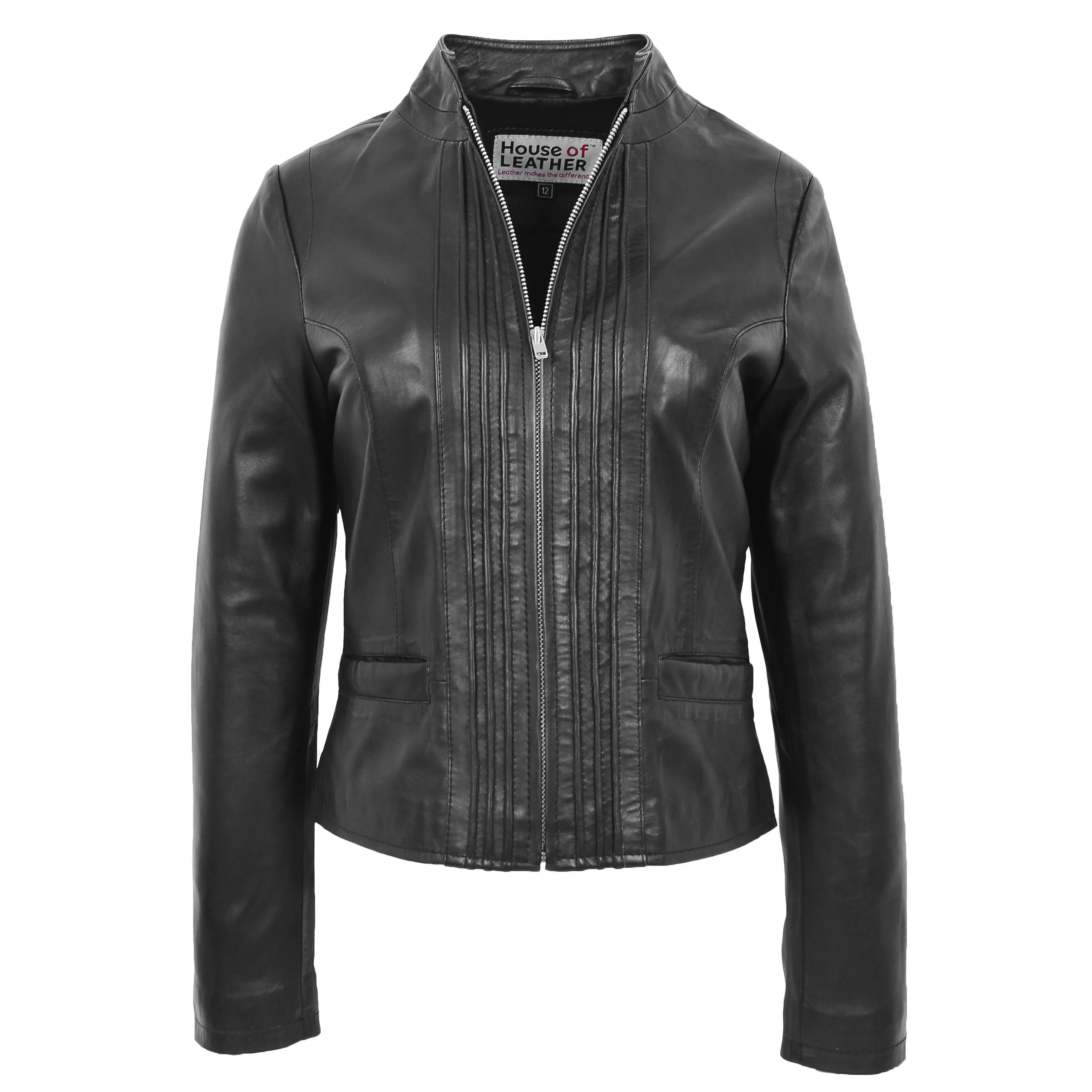 Womens Leather Casual Standing Collar Jacket Ivy Black