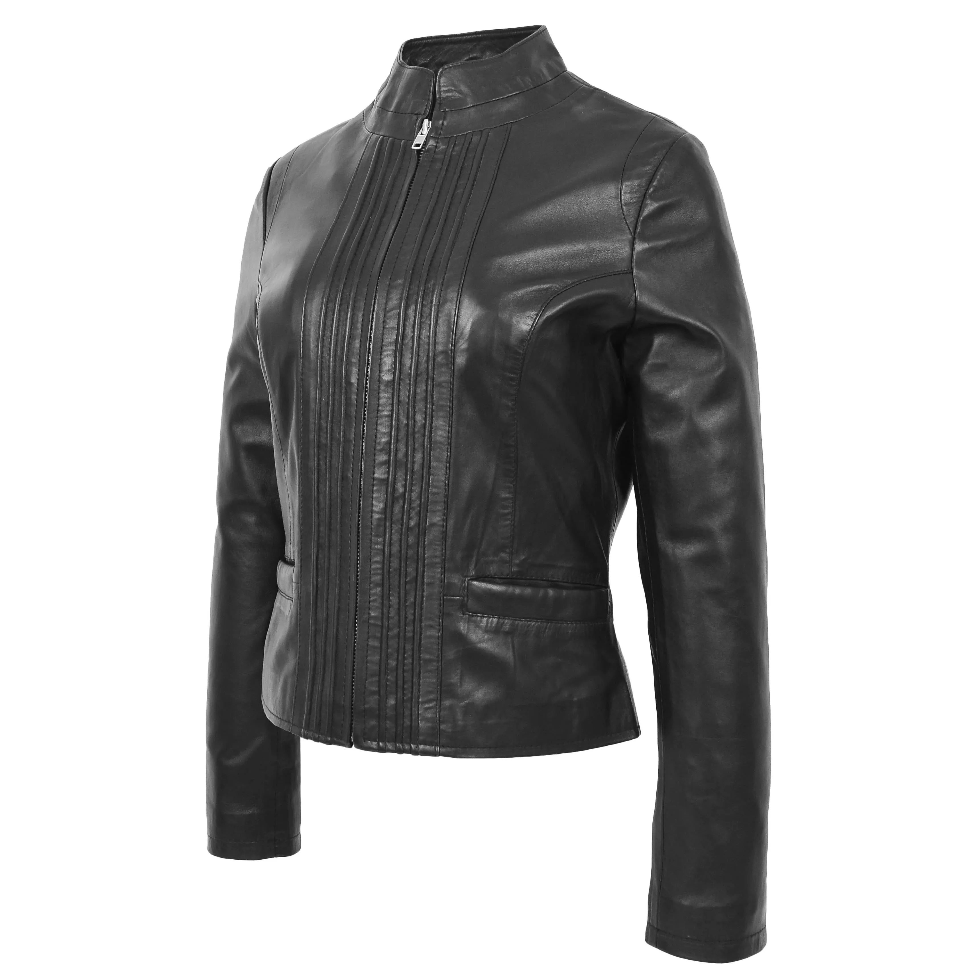 Womens Leather Casual Standing Collar Jacket Ivy Black