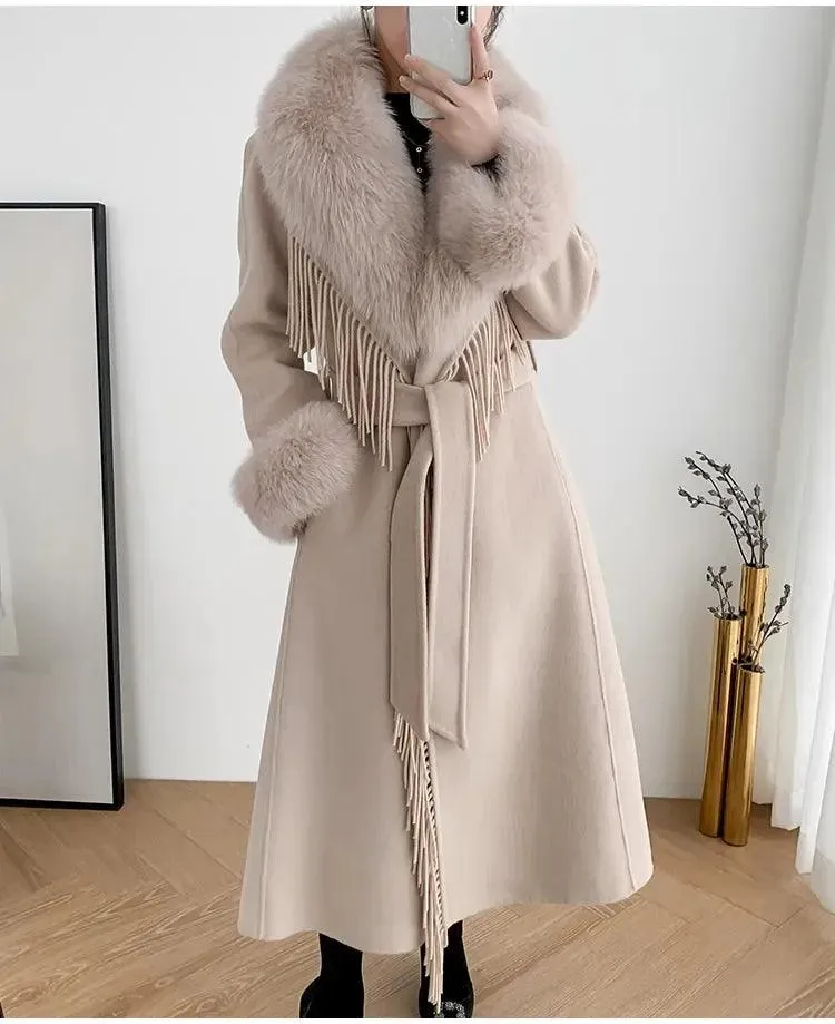 Women's Real Fur Winter Coat - Cashmere Wool Blend Jacket with Fox Fur Collar, Long Tassel Design, Streetwear Outerwear