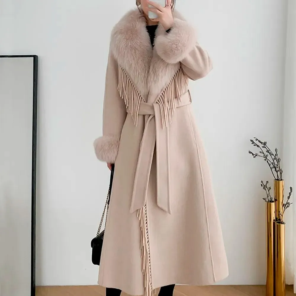 Women's Real Fur Winter Coat - Cashmere Wool Blend Jacket with Fox Fur Collar, Long Tassel Design, Streetwear Outerwear