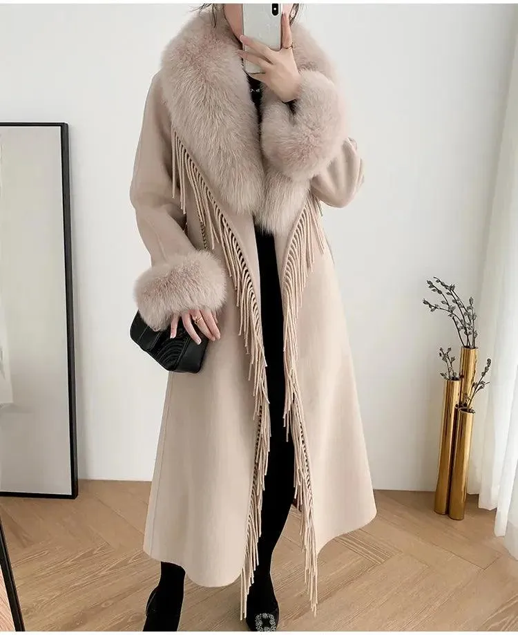 Women's Real Fur Winter Coat - Cashmere Wool Blend Jacket with Fox Fur Collar, Long Tassel Design, Streetwear Outerwear