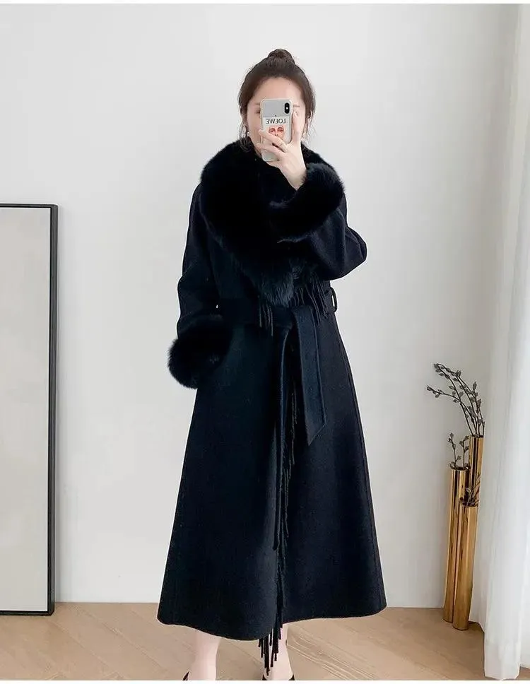 Women's Real Fur Winter Coat - Cashmere Wool Blend Jacket with Fox Fur Collar, Long Tassel Design, Streetwear Outerwear