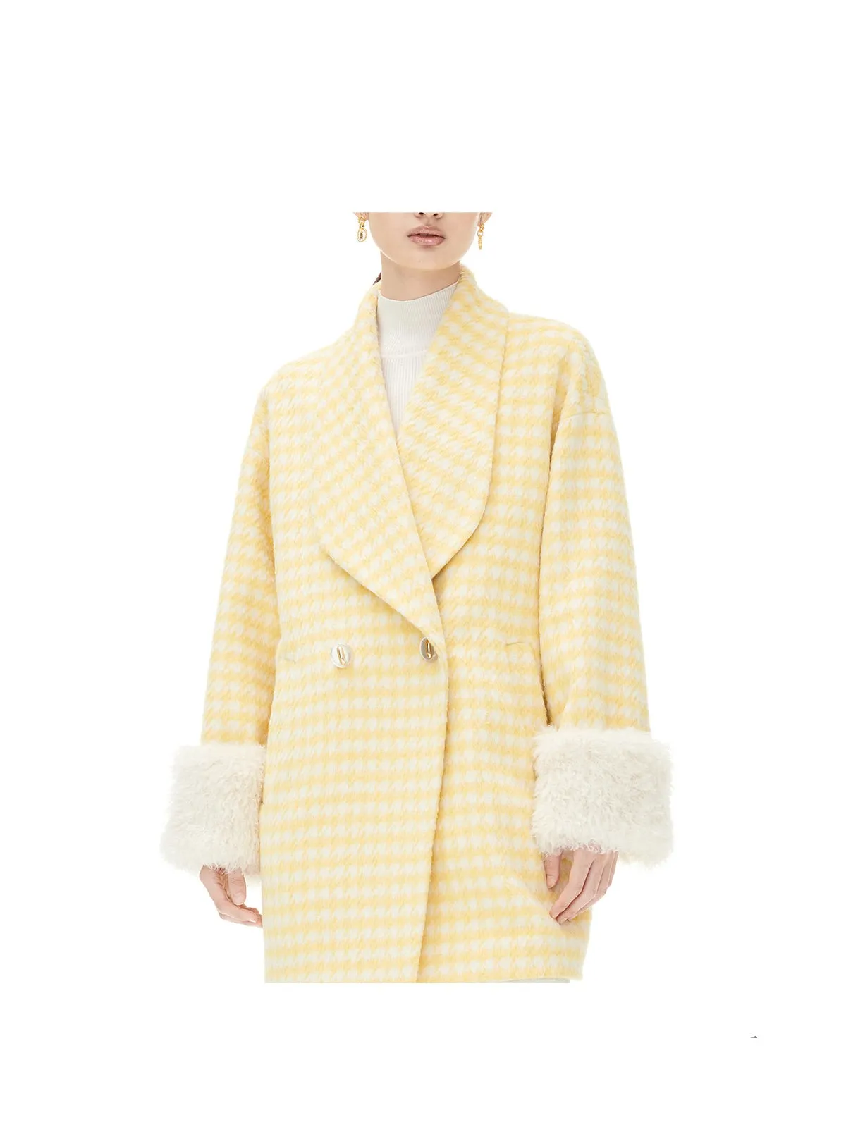 YES BY YESIR autumn winter loose stylish tulip yellow houndstooth coat  - Kibban