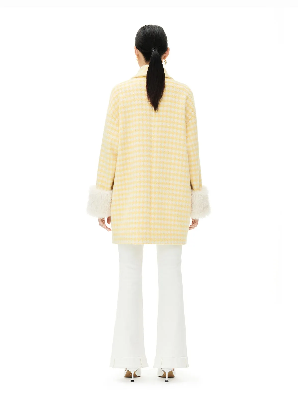 YES BY YESIR autumn winter loose stylish tulip yellow houndstooth coat  - Kibban