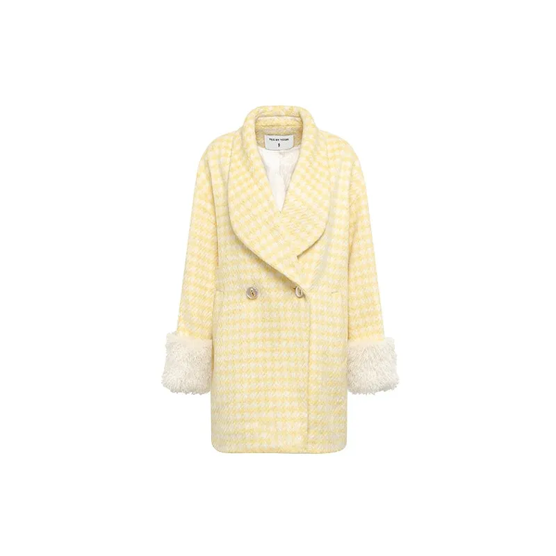 YES BY YESIR autumn winter loose stylish tulip yellow houndstooth coat  - Kibban