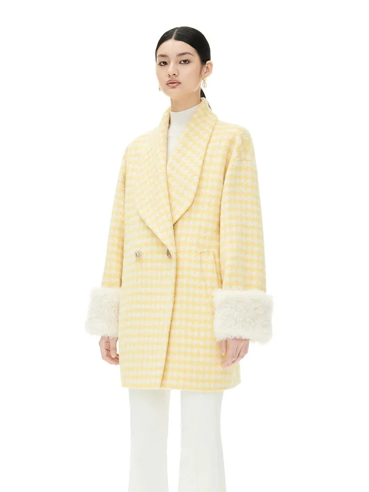 YES BY YESIR autumn winter loose stylish tulip yellow houndstooth coat  - Kibban