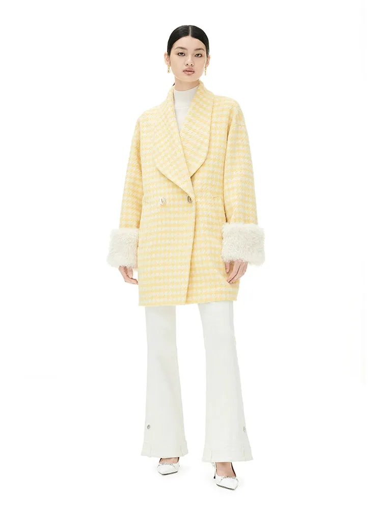 YES BY YESIR autumn winter loose stylish tulip yellow houndstooth coat  - Kibban