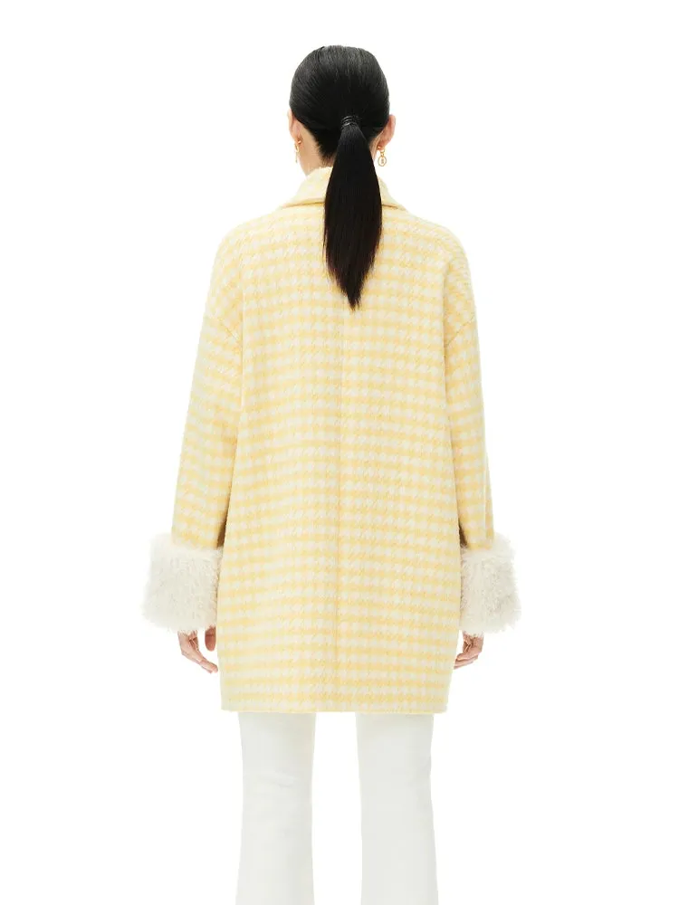 YES BY YESIR autumn winter loose stylish tulip yellow houndstooth coat  - Kibban